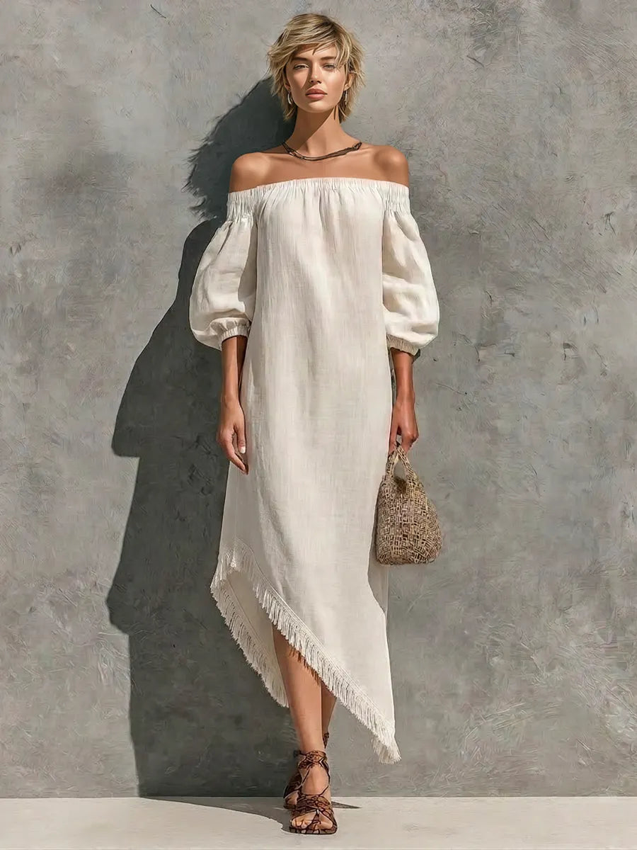 Women’s Off White Cotton-linen Blend Off The Shoulder Elastic Neck Puff Cuffed Sleeve Asymmetrical Fringe Hem Maxi Dress MDZ0777G7YZJ