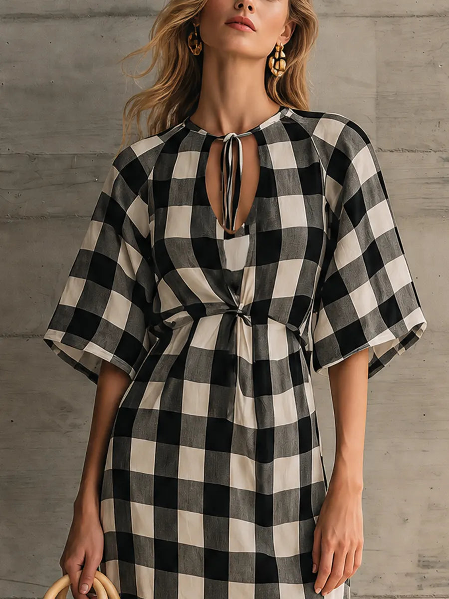 Women’s Black White Gingham Keyhole Tie Neck Raglan Short Sleeve Front Twist Waist Loose Maxi Dress MDZ1311G8YZJ