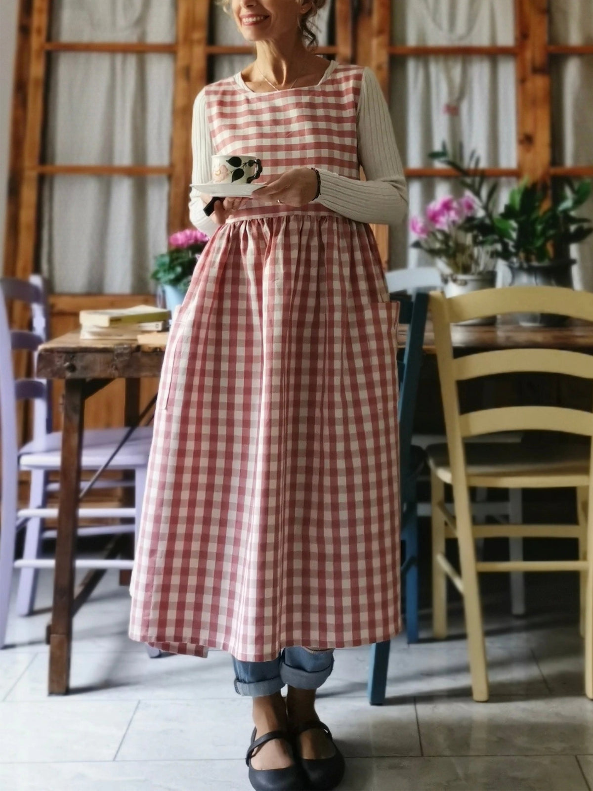 Pink Checked Cotton Kitchen Apron