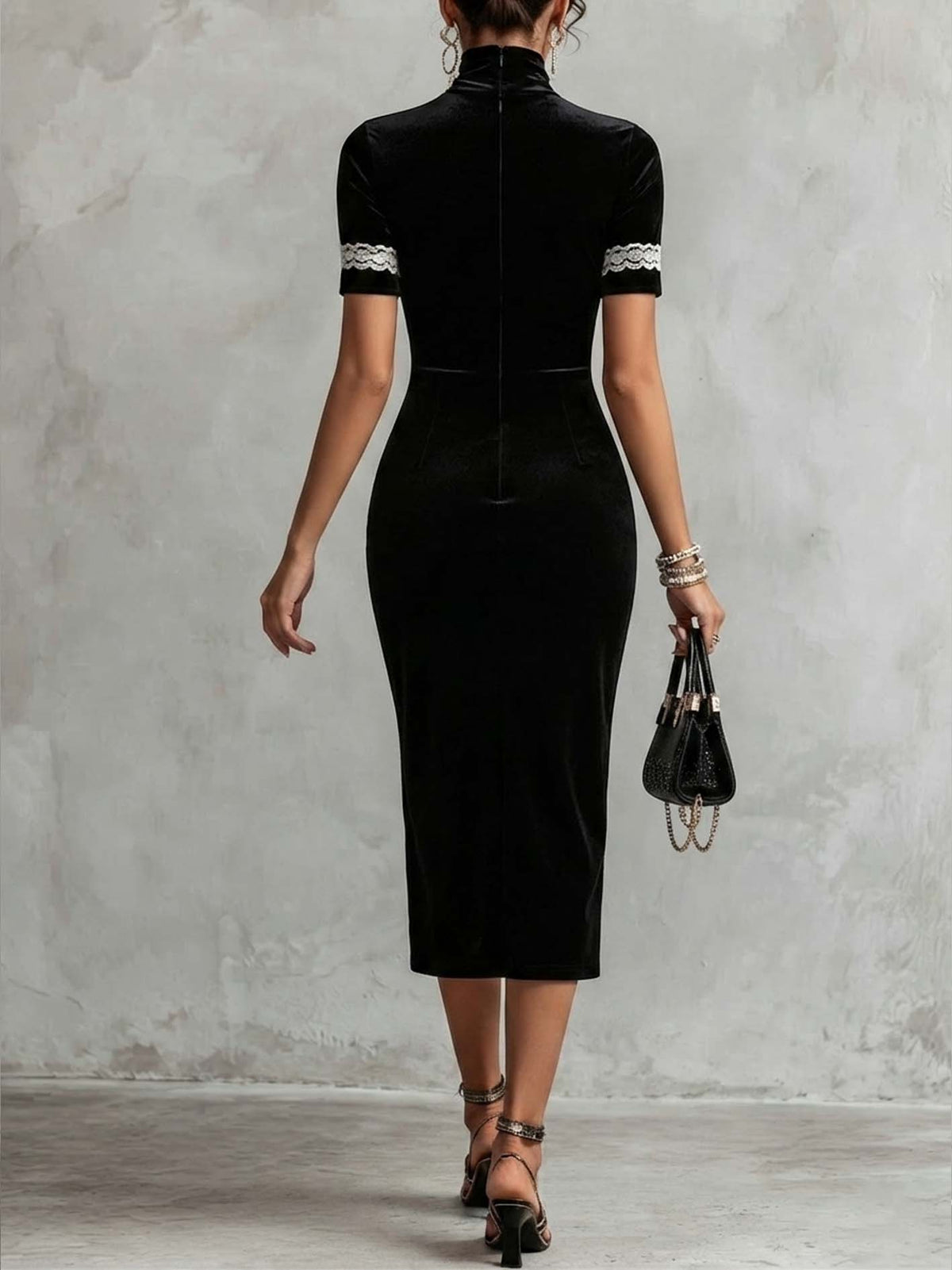 Black Velvet Bodycon Midi Dress With Lace Patchwork And Front Slit