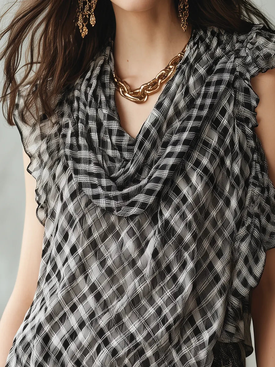 Elegant Black Plaid Ruffle Sleeveless Blouse