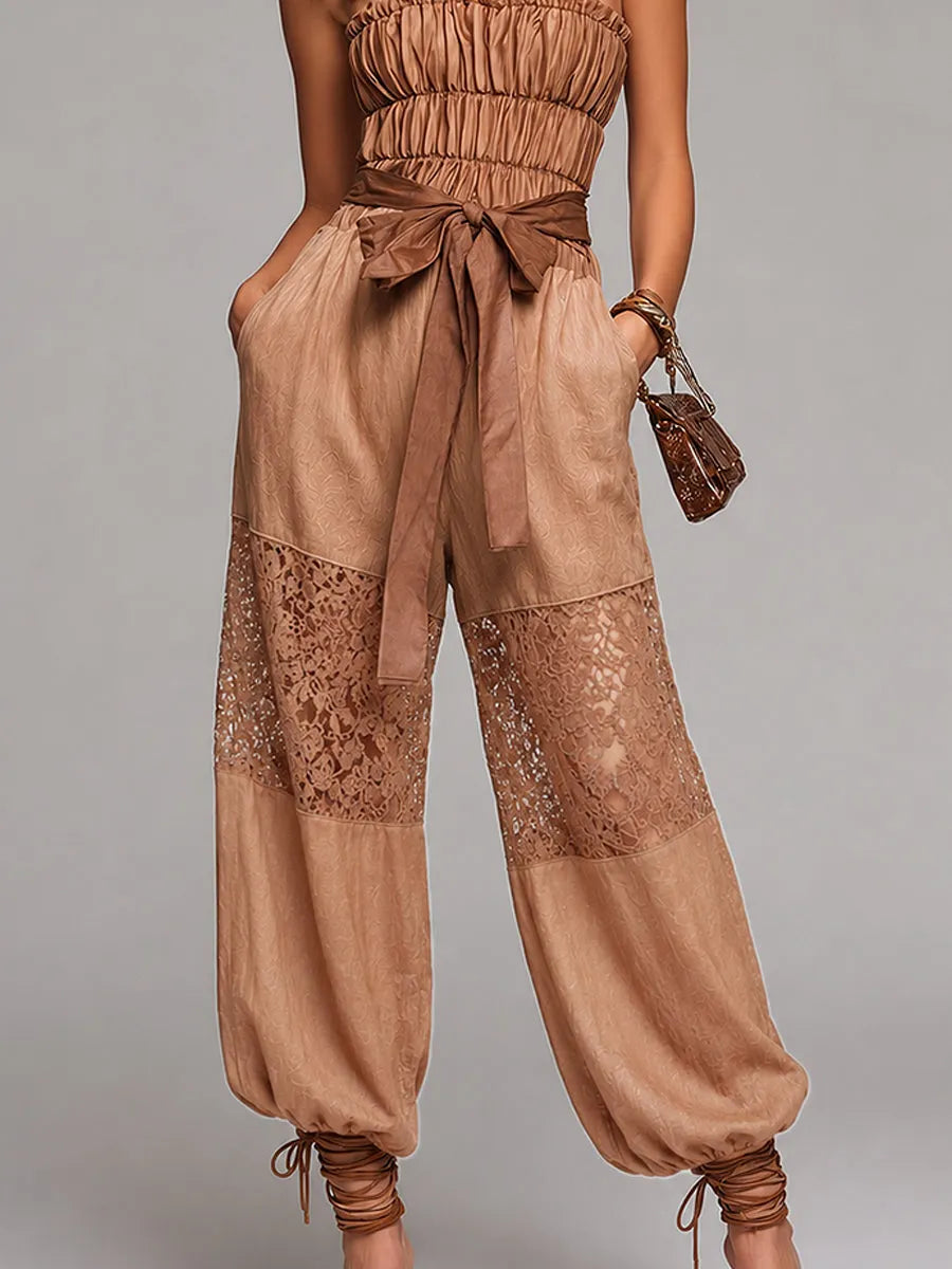 Boho Strapless Shirred Lace-Paneled Balloon Jumpsuit