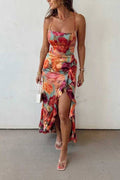 Oil Painting Floral Tie Backless Slit Satin Maxi Dress