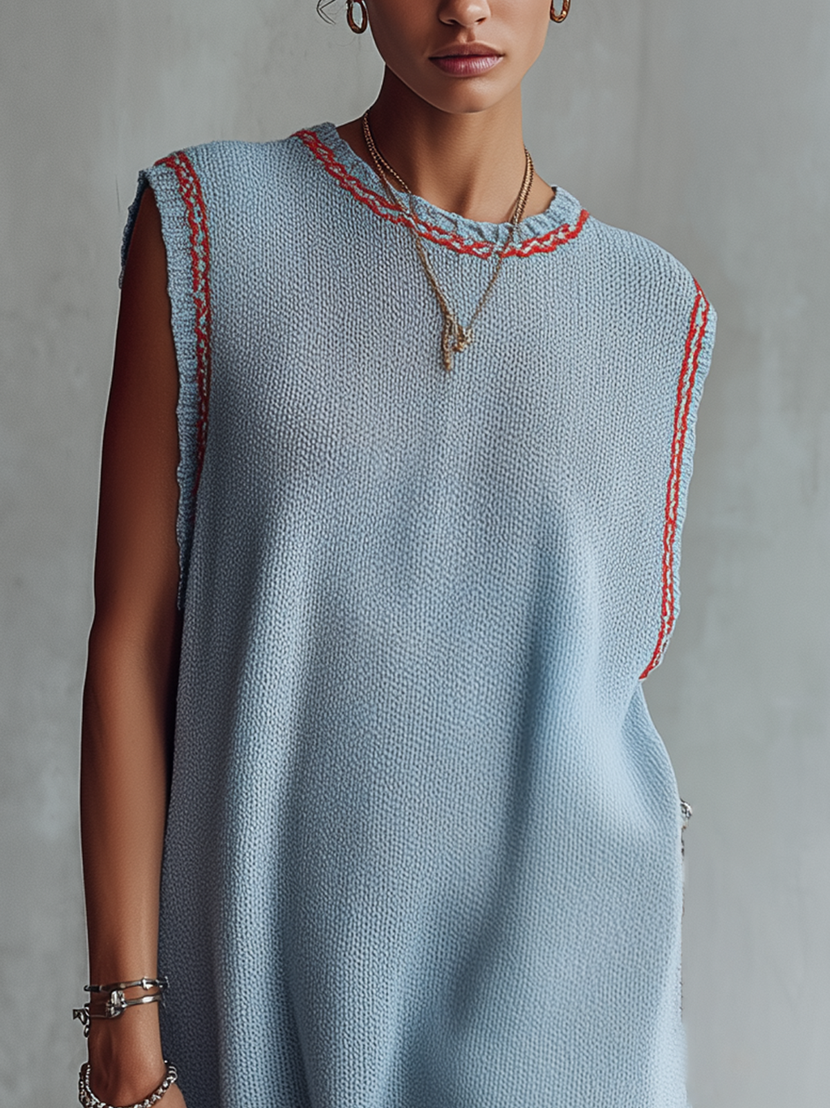 Light Blue Sleeveless Knit Mini Dress With Red Trim