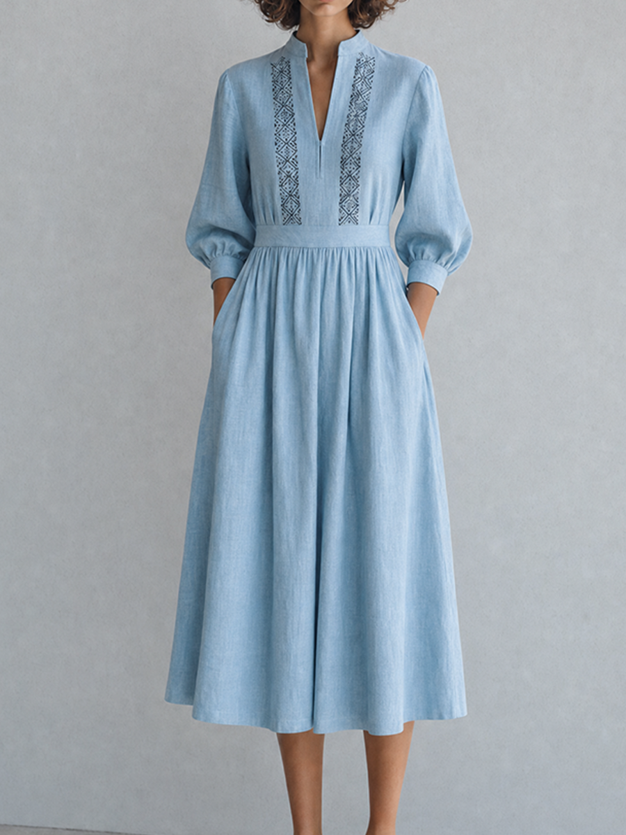 Women's Elegant Casual Light Blue Linen Embroidered Stand-Collar Three-Quarter Sleeve Midi Dress MDZ2034G2CMX