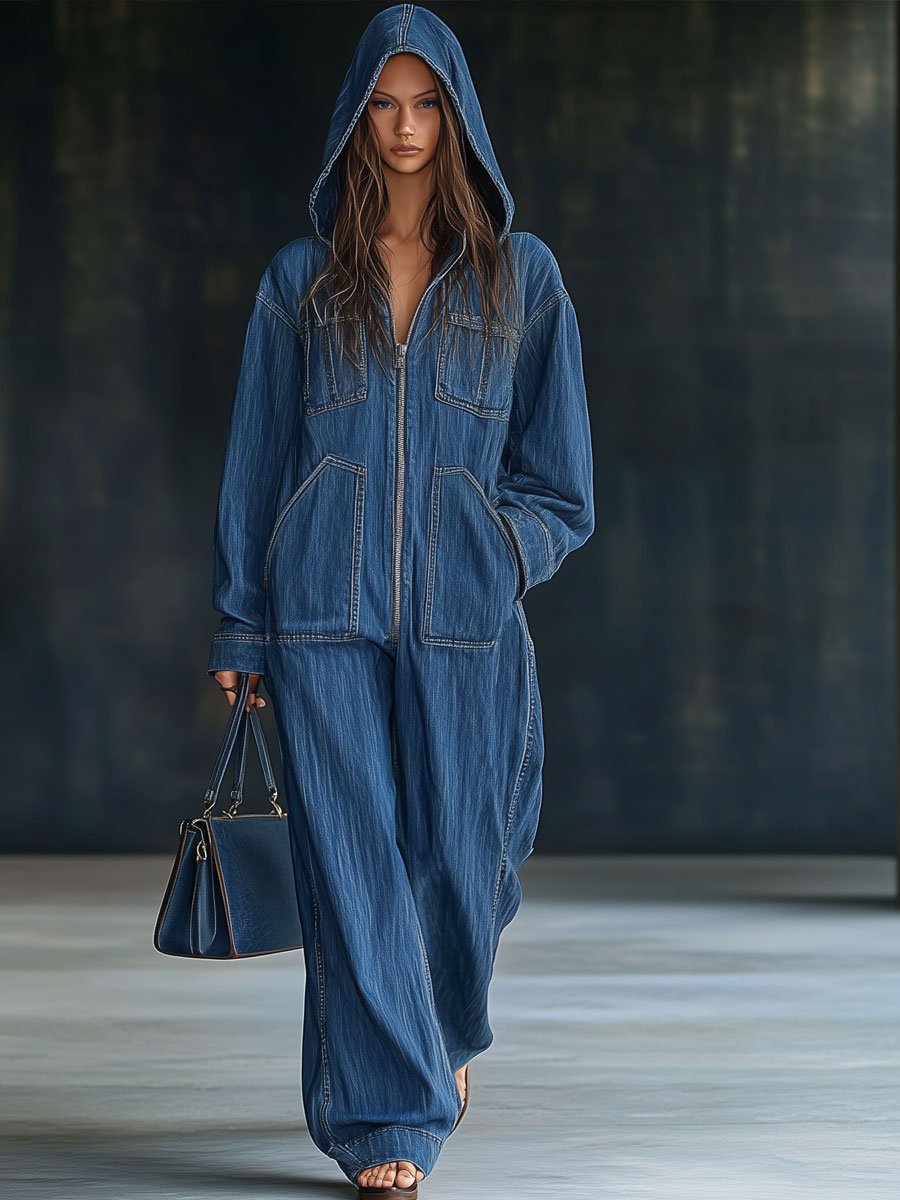 Casual Loose Retro Pocket Long Sleeve Hooded Zipper Denim Jumpsuit