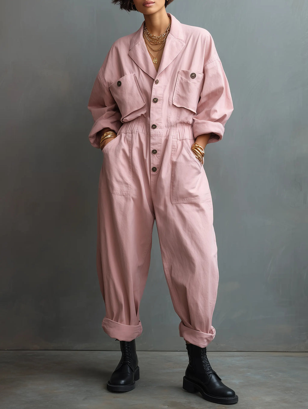 Women's Casual Cotton Twill Single-Breasted Long-Sleeve Jumpsuit MDZ0900G2WY