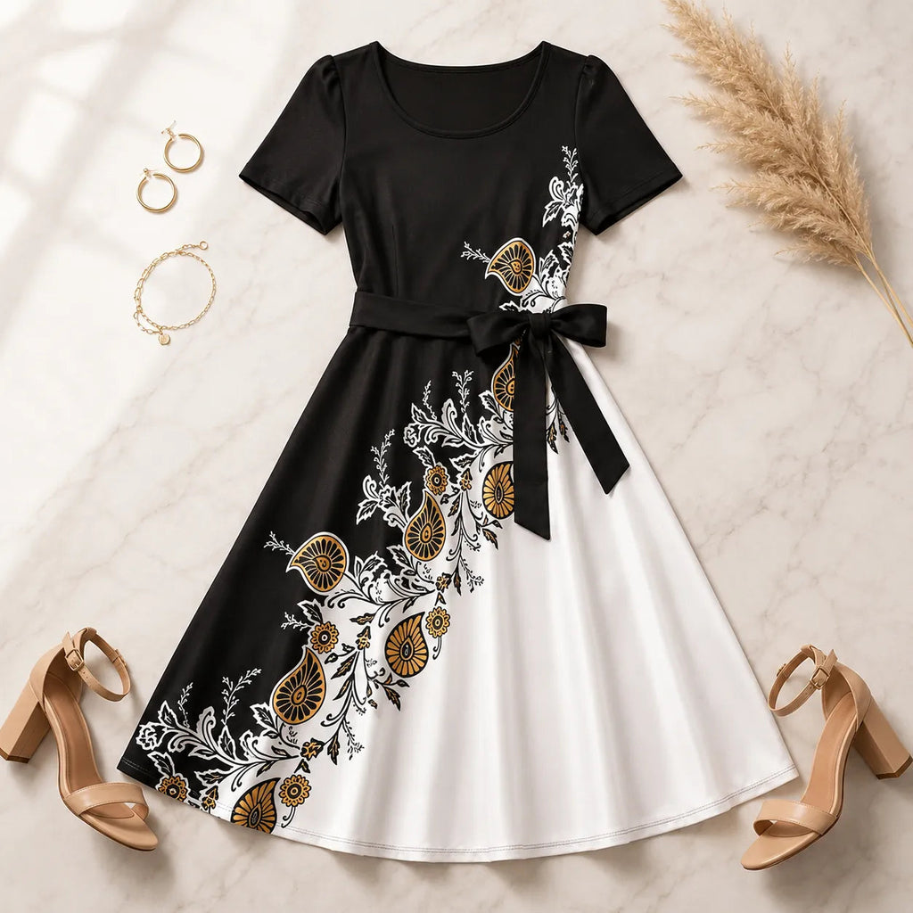 Marveline – Paisley A-Line Midi Dress with Tie Waist
