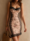 Retro Romantic Blush Floral Black Lace Trim Mini Dress