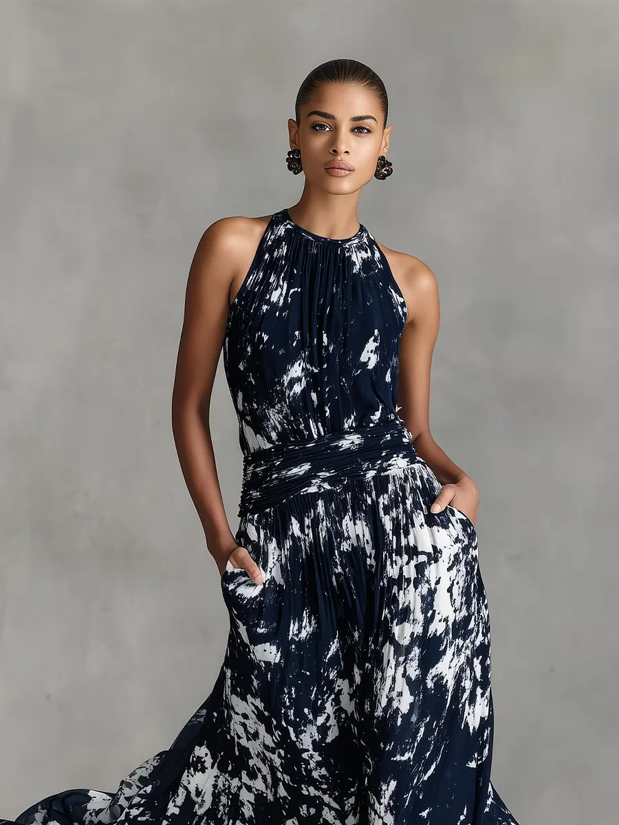 Women's Navy Blue & White Abstract Print Chiffon Dress With Halter Neck & Ruched Waist, Timeless Sexy-Elegant Style Dress MDZ2529B9I