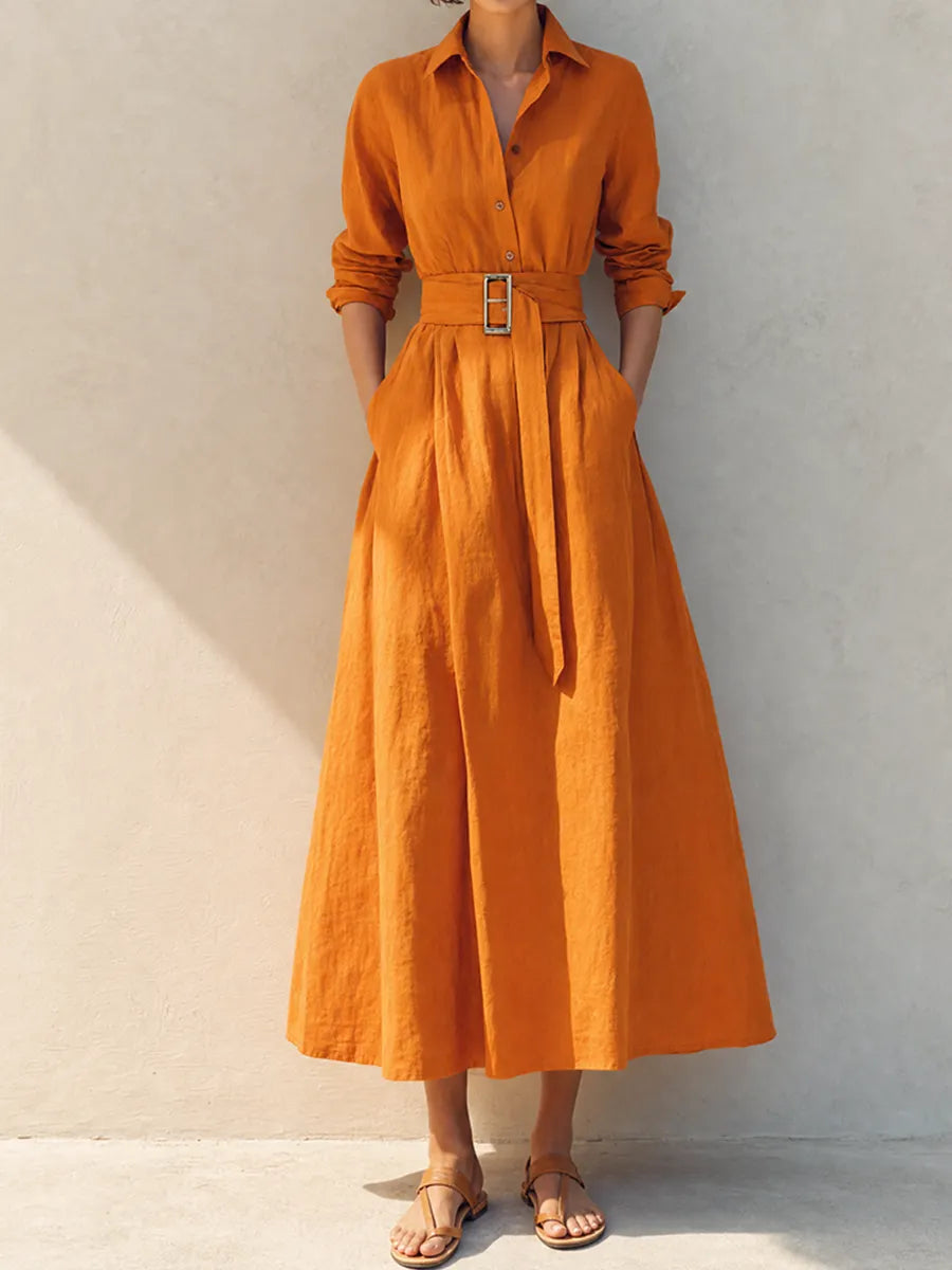 Women's Resort-Style Orange Collared Long-Sleeve Belted Cinched-Waist Linen Shirt Midi Dress MDZ1443G2CMX