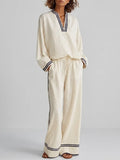 Women's Elegant Casual Off-white Linen Contrast-Stripe Stand-Collar V-Neck Long-Sleeve & Wide-Leg Trouser Set MDZ2059G3CMX