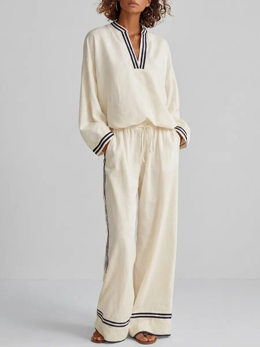 Women's Elegant Casual Off-white Linen Contrast-Stripe Stand-Collar V-Neck Long-Sleeve & Wide-Leg Trouser Set MDZ2059G3CMX