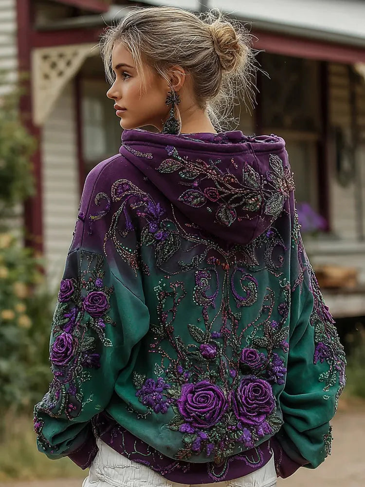 Women's Retro Purple Rose Gradient Pattern Casual Hoodie