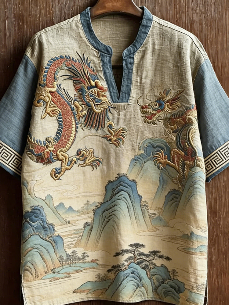 Vintage Dragon & Landscape Painting Art Linen Tunic