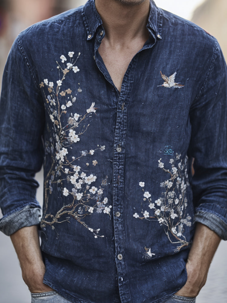 Japan Art Cherry Blossom Bird Denim Blue Cotton Linen Cardigan Shirt