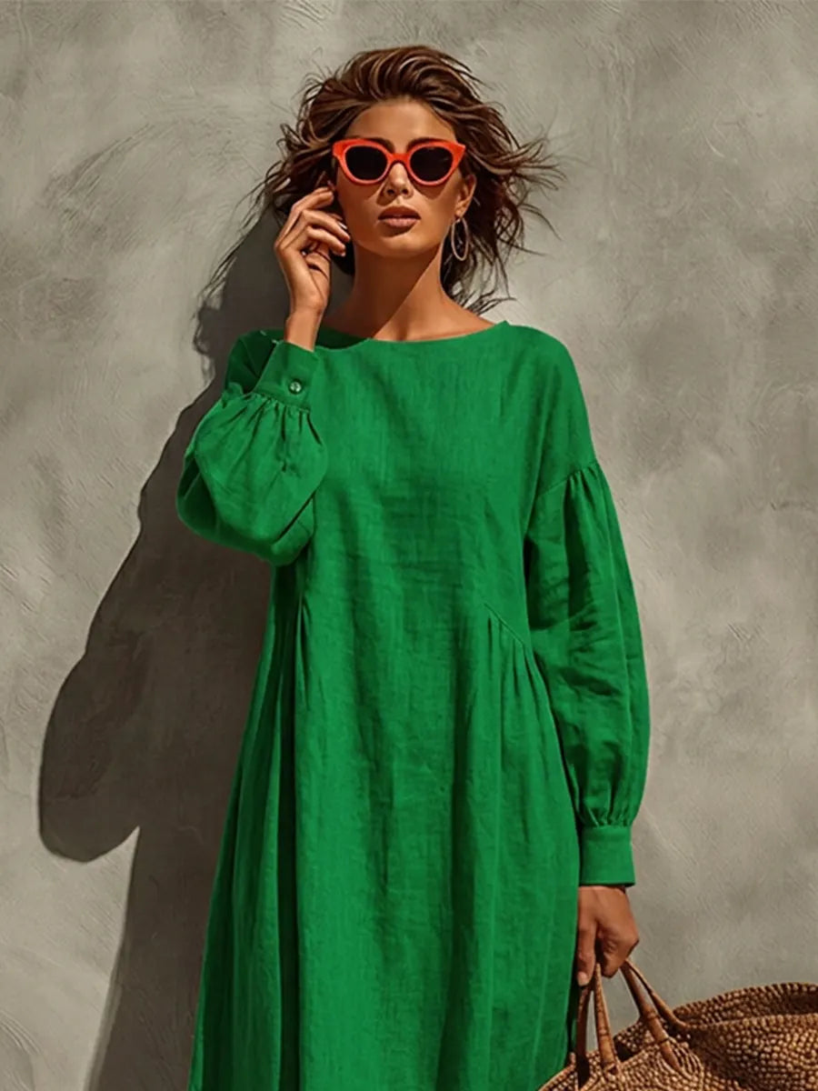 Women's Green Linen Maxi Dress With Crew Neck Puff Long Sleeves & Side Gathered Panel, Minimalist Boho Vacation Loose Maxi Dress MDZ0648G4LYL