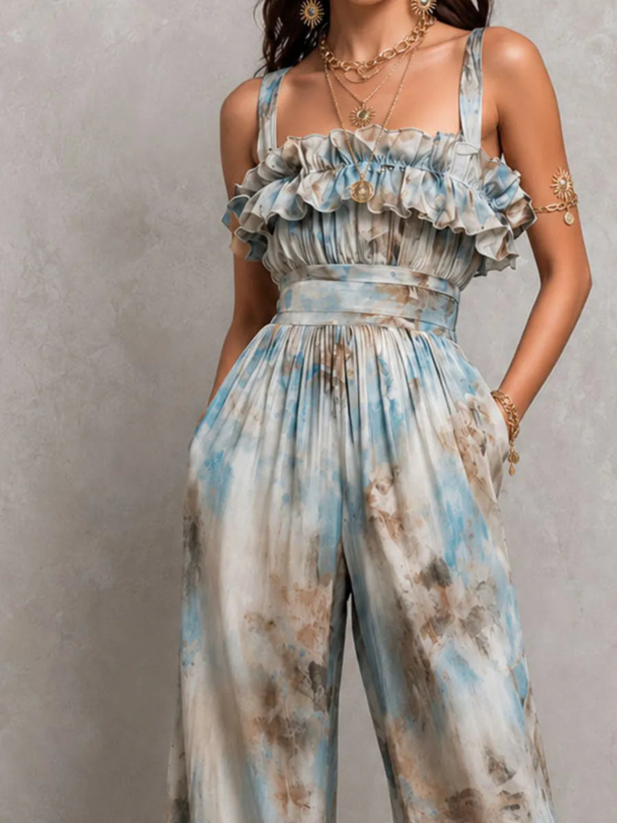 Boho Resort Ruffled Tie-Dye High Waist Balloon Leg Jumpsuit