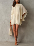 Women's Casual Beige Chiffon Short Dress With Cape Sleeves MDZ0165G8LXY