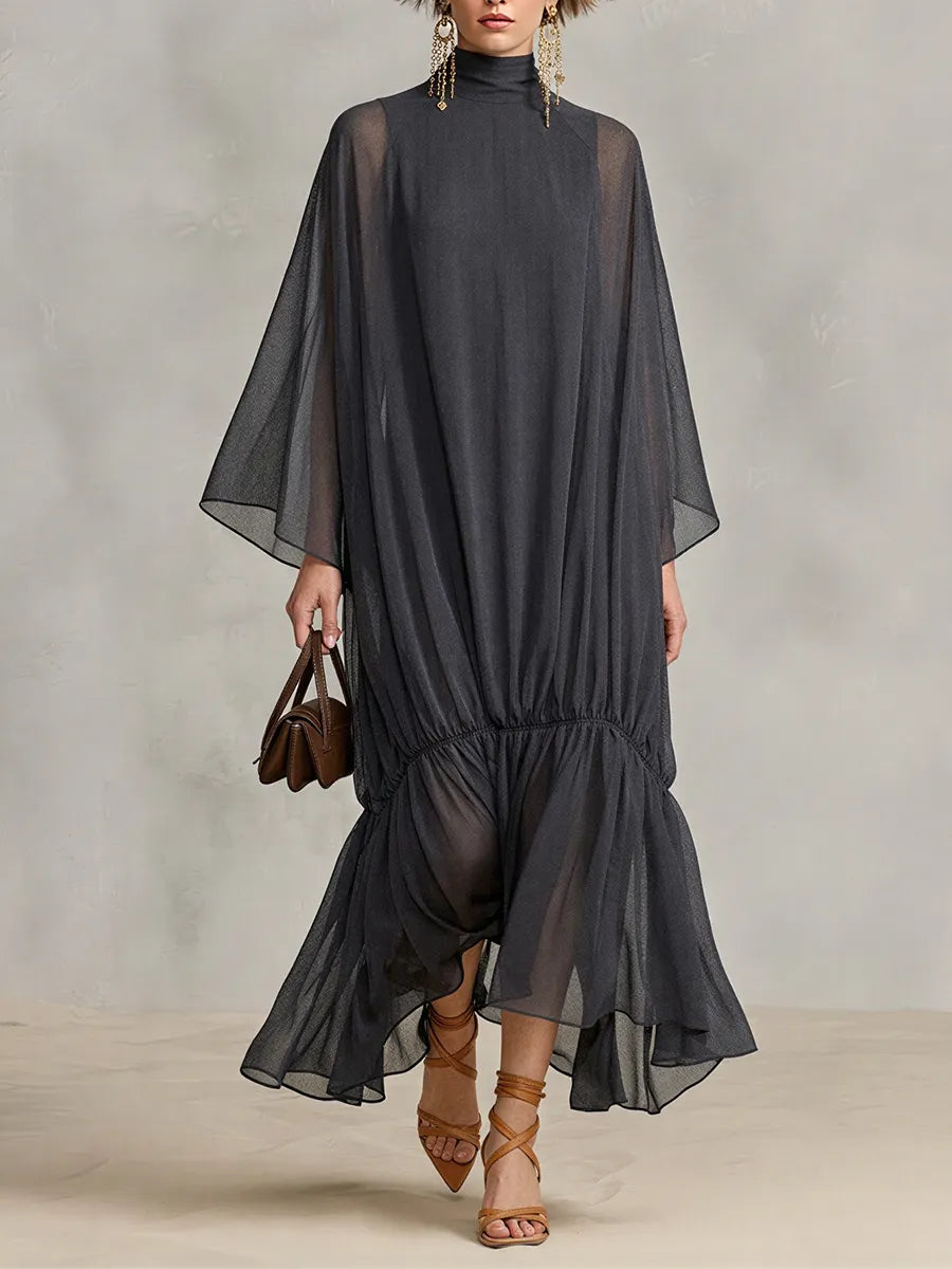 Women's Dark Gray Sheer Chiffon Maxi Dress With Turtleneck Cape Batwing Sleeves & Ruched Ruffle Hem, Minimalist Elegant Oversized Flowy Maxi Dress MDZ0665G8LYL