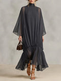Women's Dark Gray Sheer Chiffon Maxi Dress With Turtleneck Cape Batwing Sleeves & Ruched Ruffle Hem, Minimalist Elegant Oversized Flowy Maxi Dress MDZ0665G8LYL