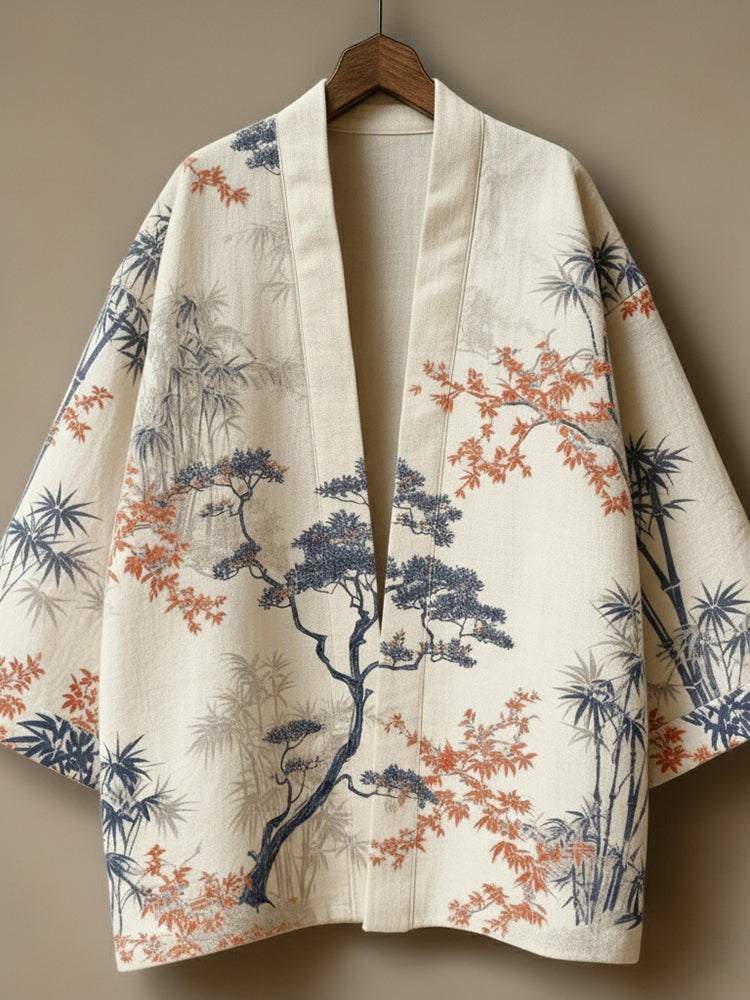 Men's Retro Japanese Tree And Bamboo Print Linen Kimono Cardigan