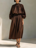 Women's Dark Brown Cotton Blend Gathered High Neck Balloon Sleeve Midi Dress MDZ2109G8ZRK