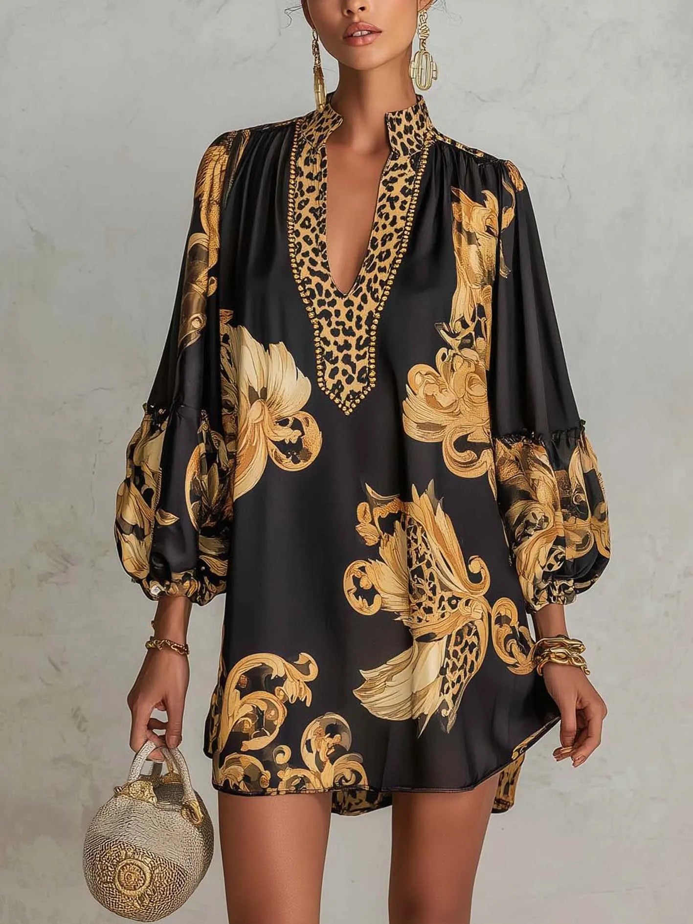 Black Vintage Baroque Print V-Neck Mini Dress With Leopard Trim