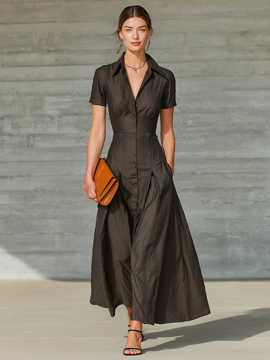 Women's Dark Brown Linen Blend Maxi Shirt Dress With Turn-Down Collar & Side Pockets, Elegant Waist-Cinched A-Line Long Dress MDZ1698G0LYL