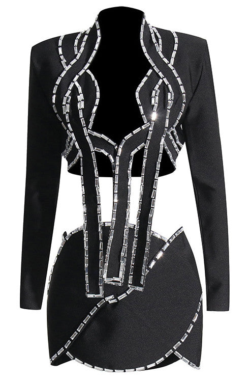 Long Sleeves Crystal Two Piece Dress Black