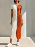 Women's Modern Ivory And Terracotta Color-Block Ribbed Knit V-Neck Short Sleeve Button-Front Midi DressMDZ2102G3ZSQ
