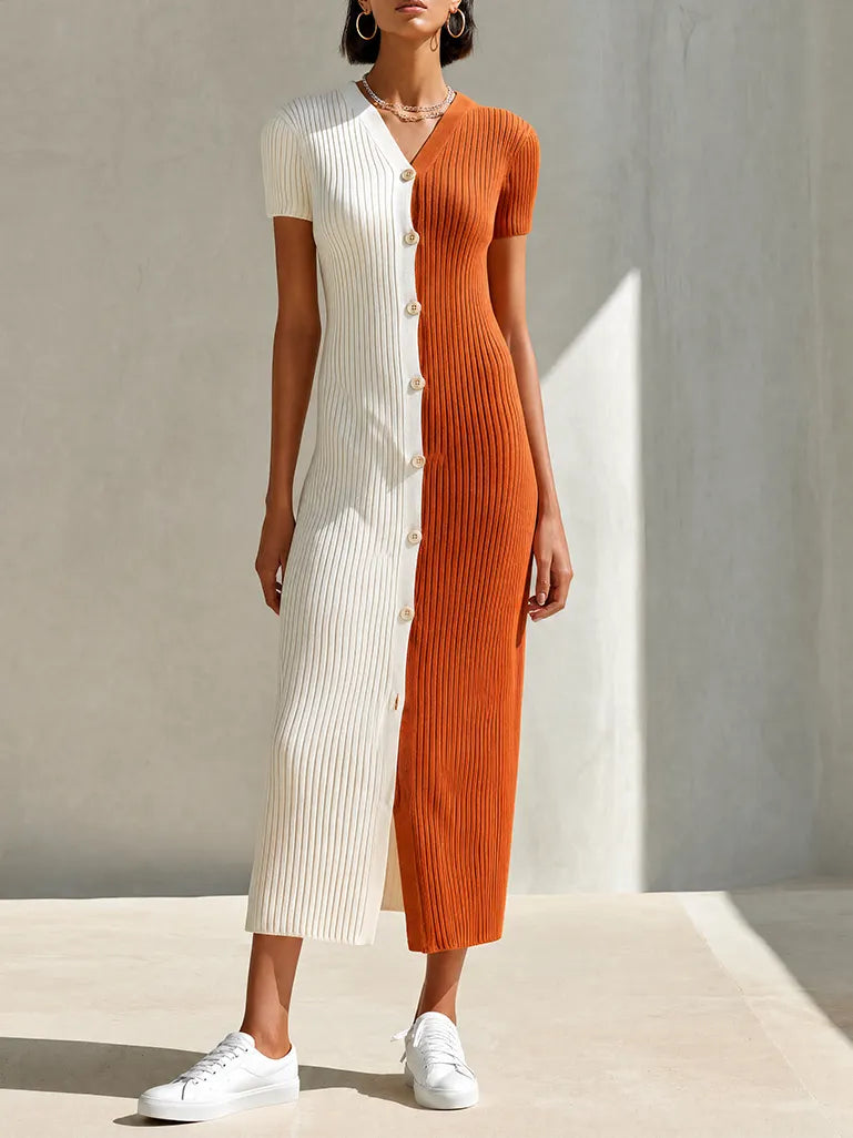 Women's Modern Ivory And Terracotta Color-Block Ribbed Knit V-Neck Short Sleeve Button-Front Midi DressMDZ2102G3ZSQ
