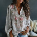 Women's Vintage Spring Floral Embroidered Art Print Flowy Linen Blend Casual Tops