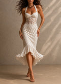 Retro Elegant Polka Dot Halter Lace Patchwork Mermaid Dress