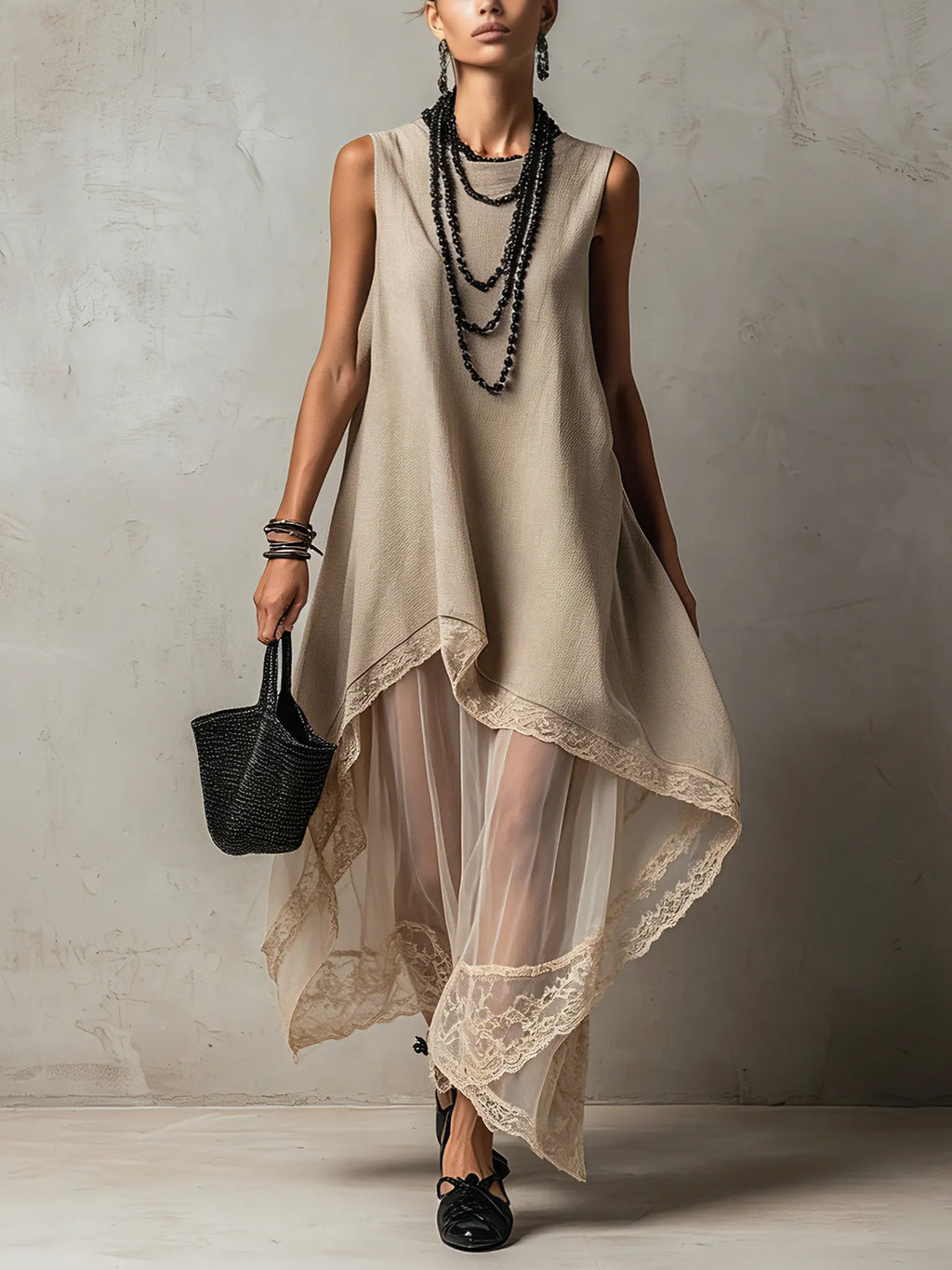 Light Khaki Sleeveless Organza Panel Maxi Dress