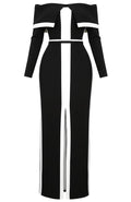 Long Sleeve Bardot Maxi Dress Black White