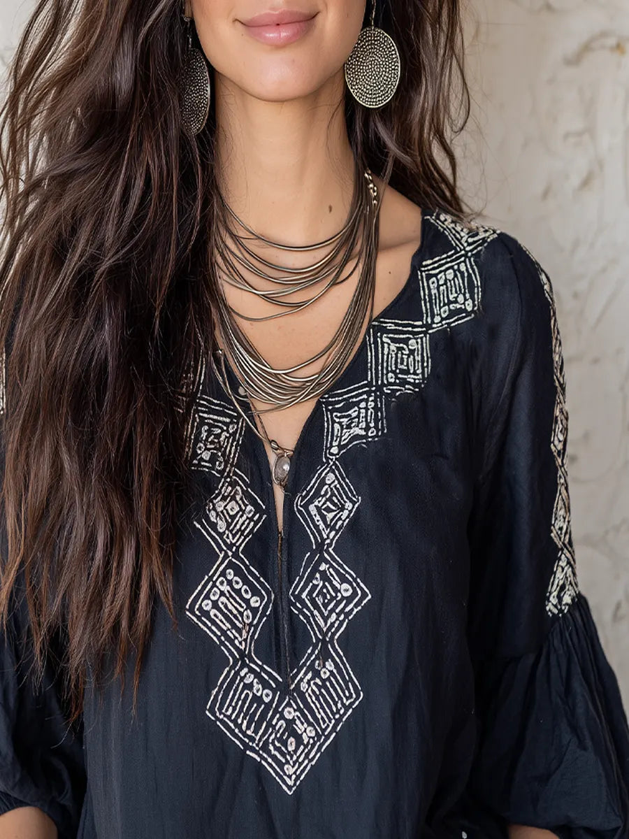 Bohemian Style Navy Blue Embroidered Shirt