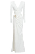 Long Sleeve Draped Maxi Dress White