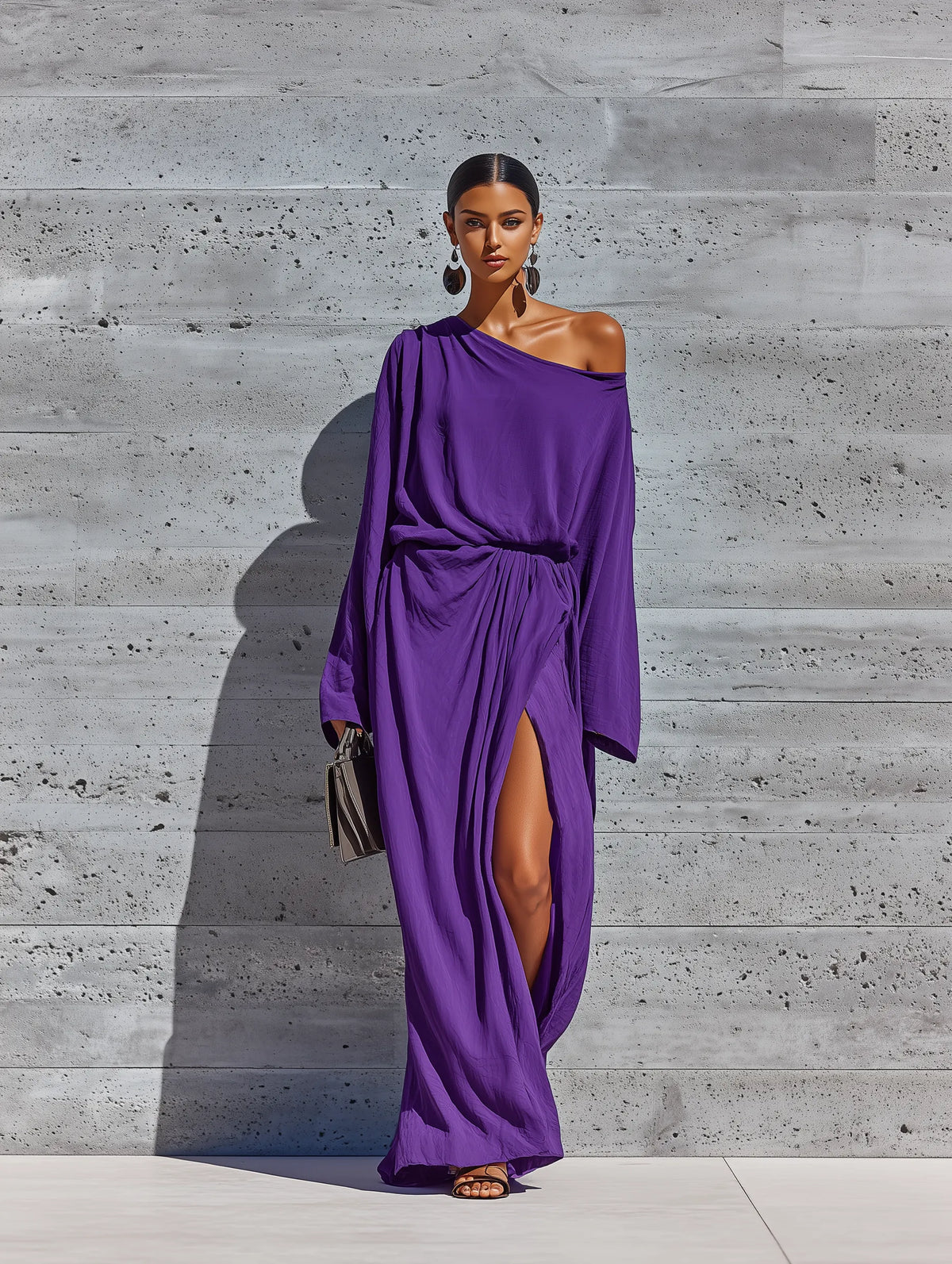 Women’s Elegant Deep Purple Cotton Blend Asym Cold Shoulder Batwing Sleeve Ruched Waist Wrap Over Split Maxi Party Dress MDZ0645G9YZJ