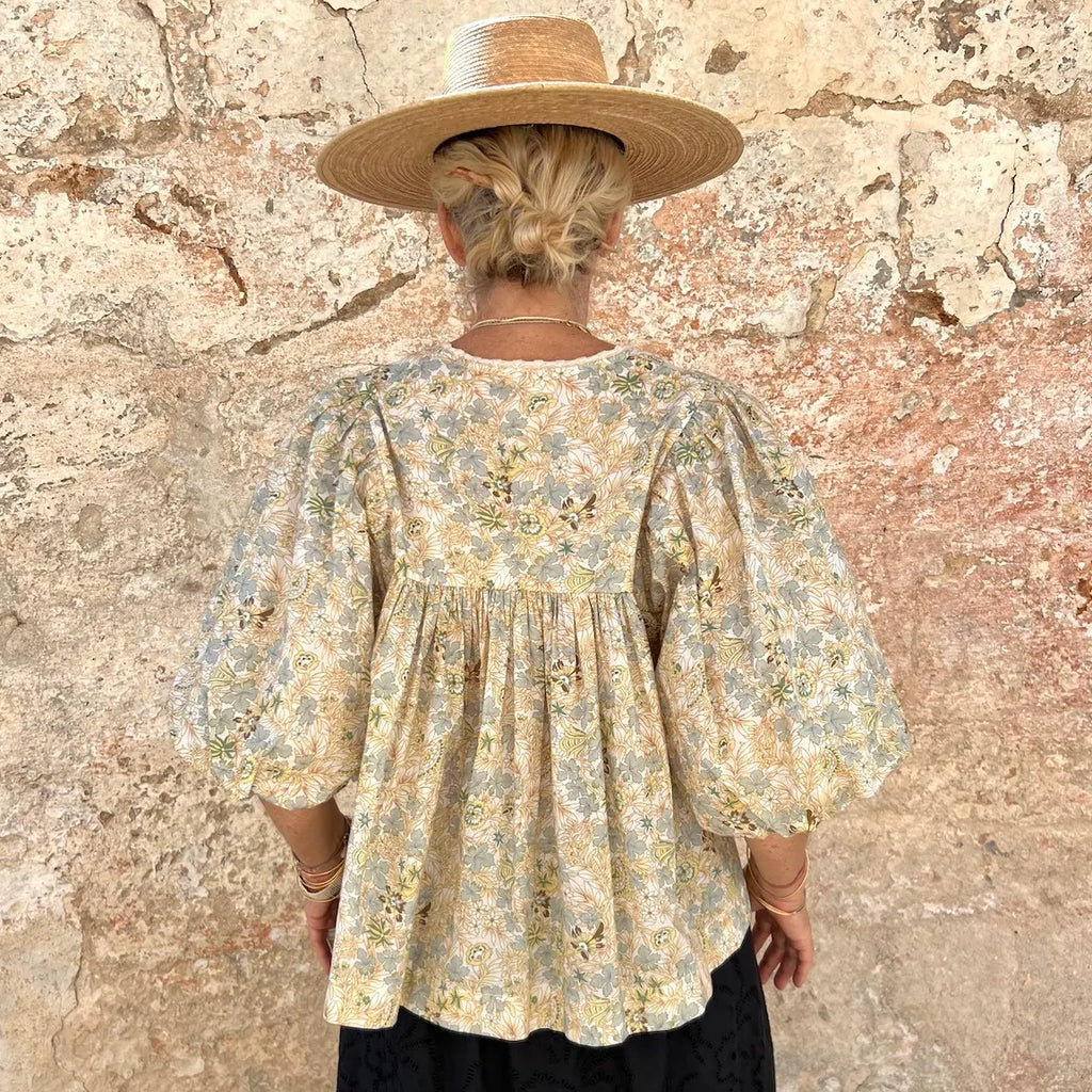 Faune Shiva Blouse – Vintage Floral Cotton Gathered Boho Top with Tassel Tie