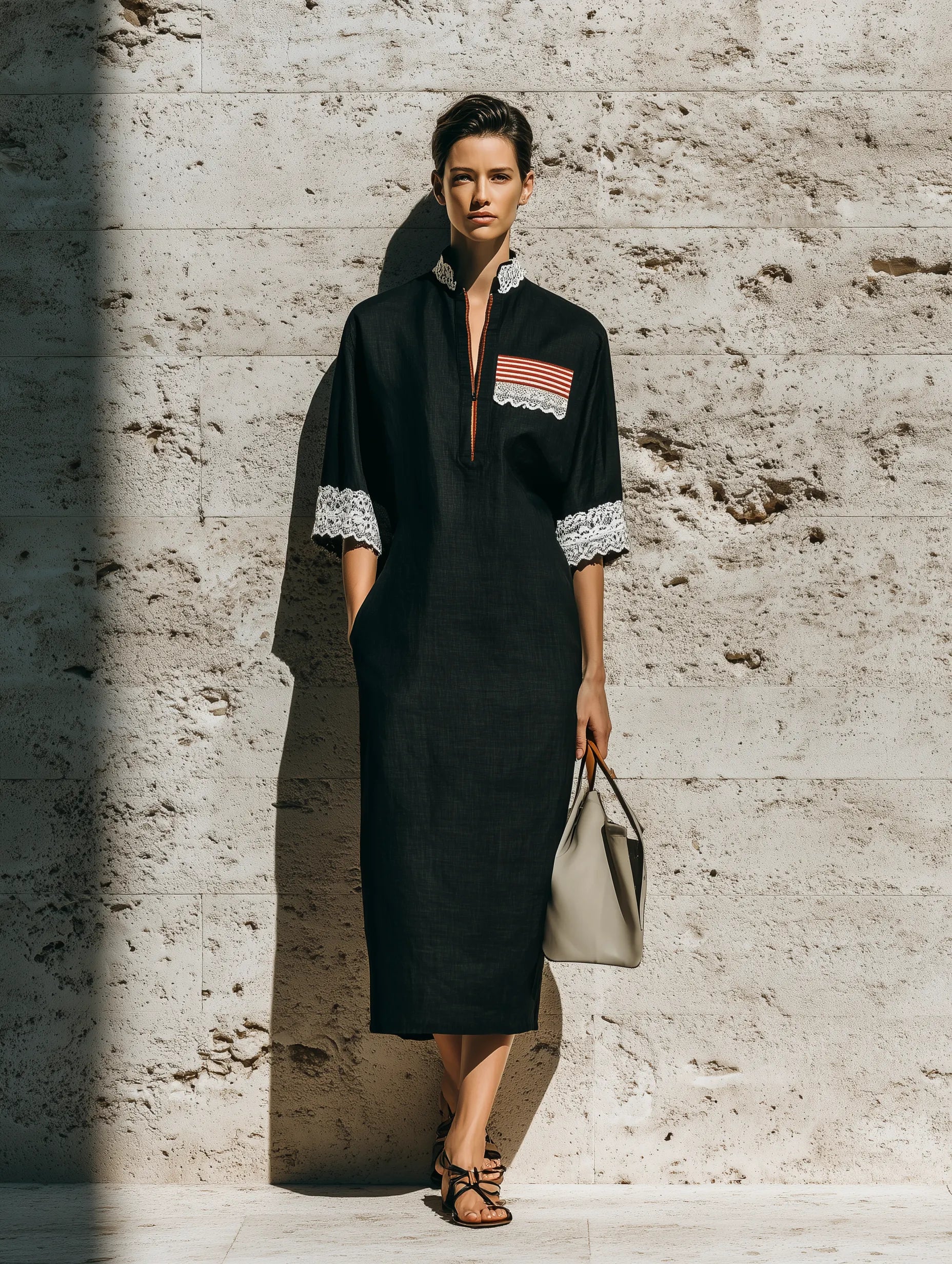 Women's Black Cotton-linen Blend Mandarin Collar Half Zip White Lace Trim Three Quarter Stripe Patch Pocket Midi Kaftan Dress MDZ1444G4YZJ
