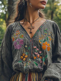 Vintage Boho Floral Embroidered Linen Blend Tunic