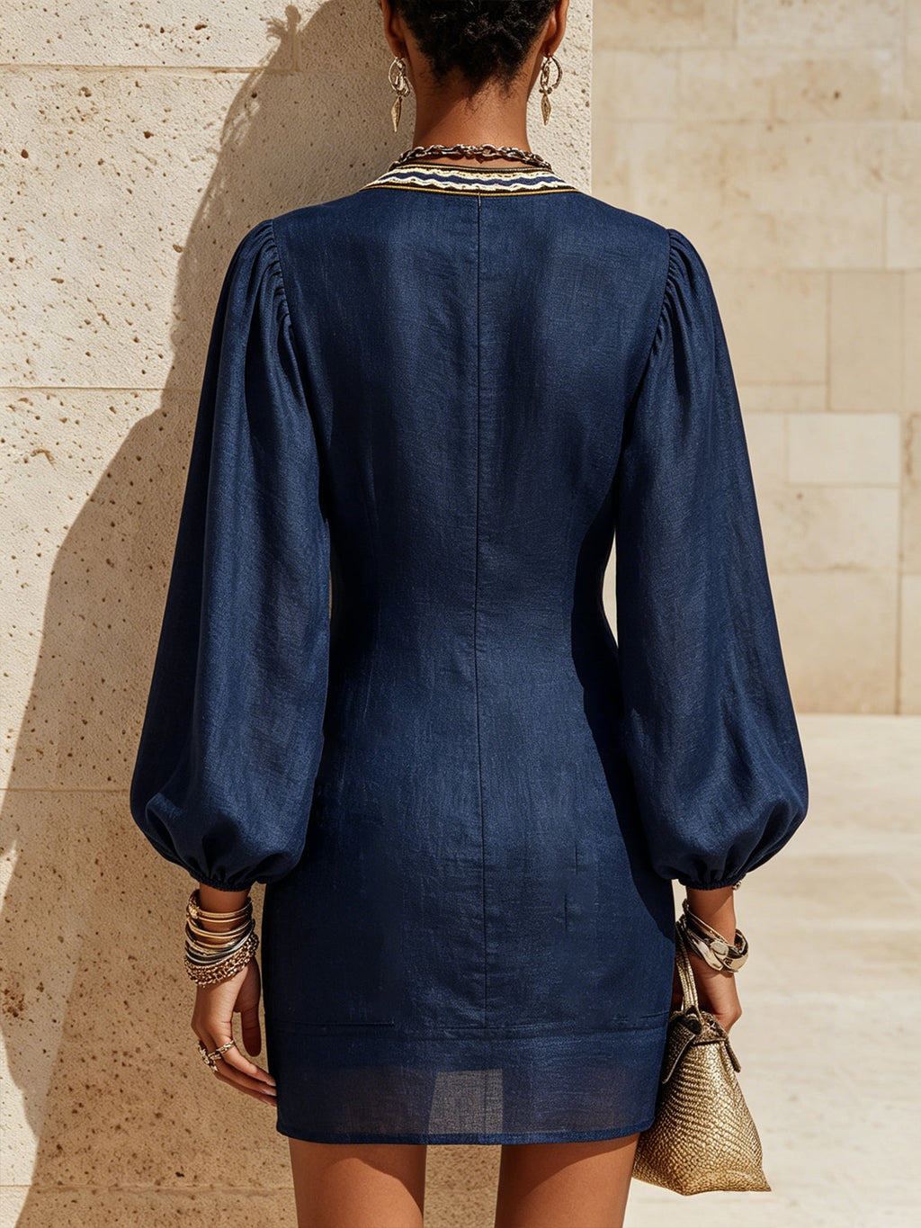 Navy Blue Long Sleeve Mini Dress With Deep V-Neck And Gold Trim