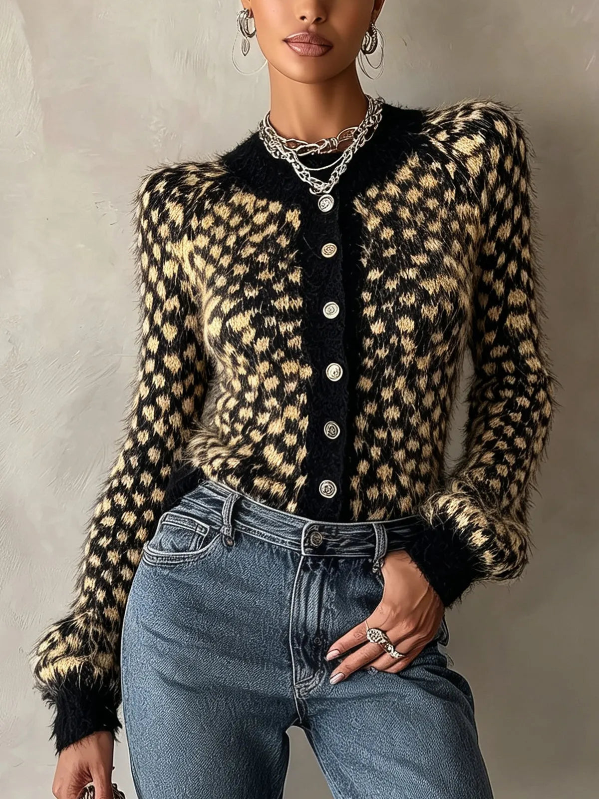 Leopard Fuzzy Button-Front Knit Cardigan