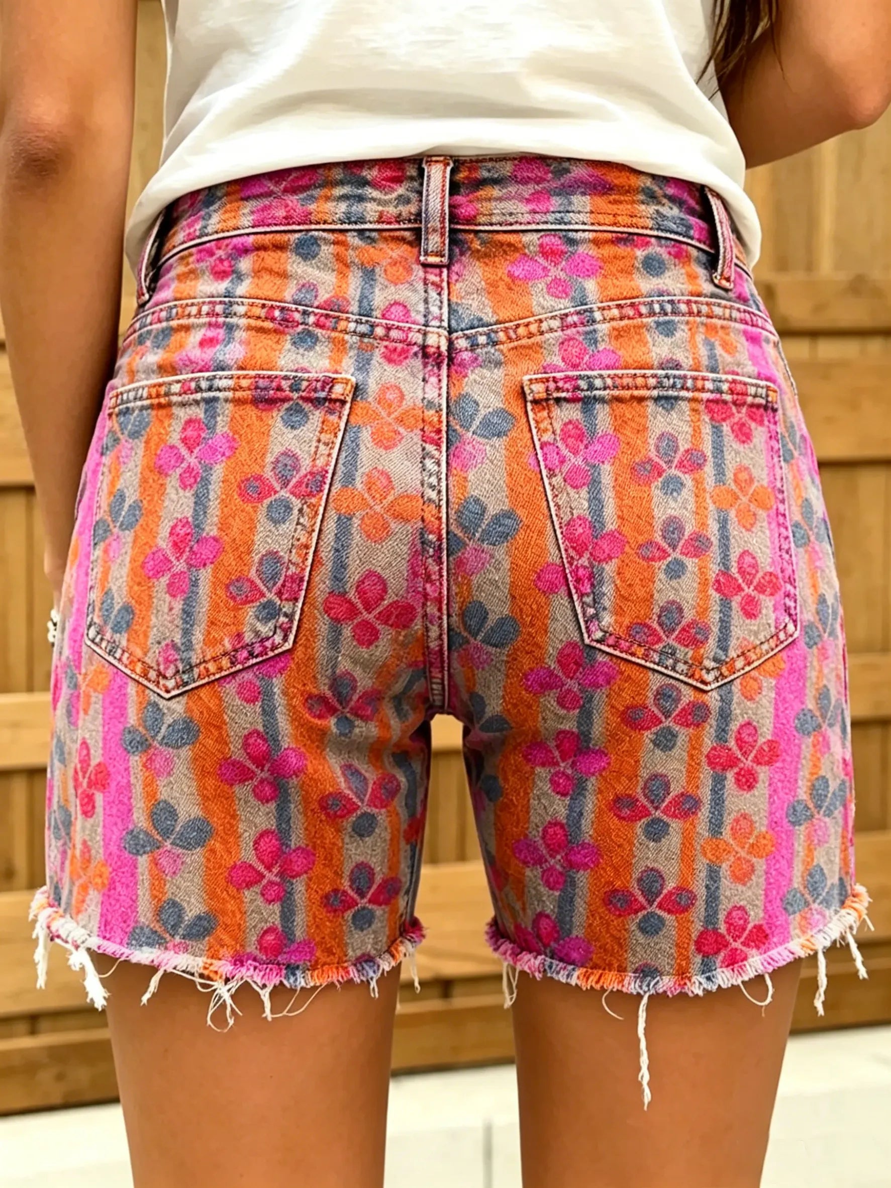 Women's Retro Geometric Floral Stripe Print Denim Bermuda Shorts