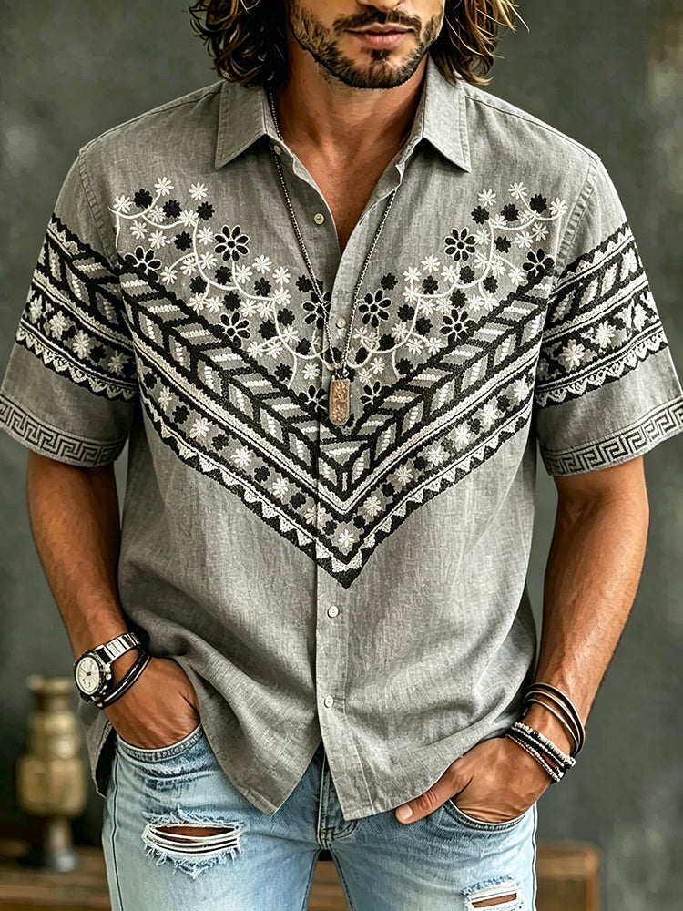 Men's Vintage Floral Embroidered Art Print Flowy Linen Blend Casual Short Sleeve Shirt