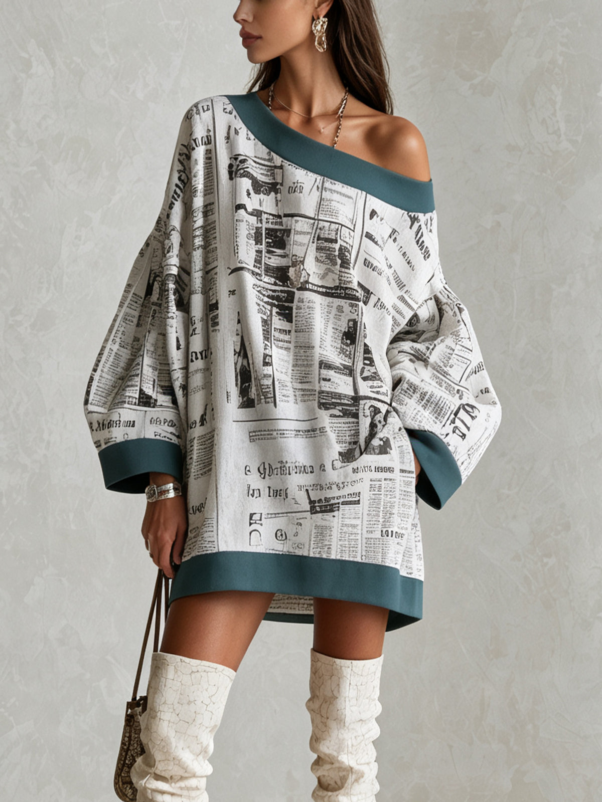 Ivory Newspaper Print Off-Shoulder Mini Dress With Teal Contrast Trim