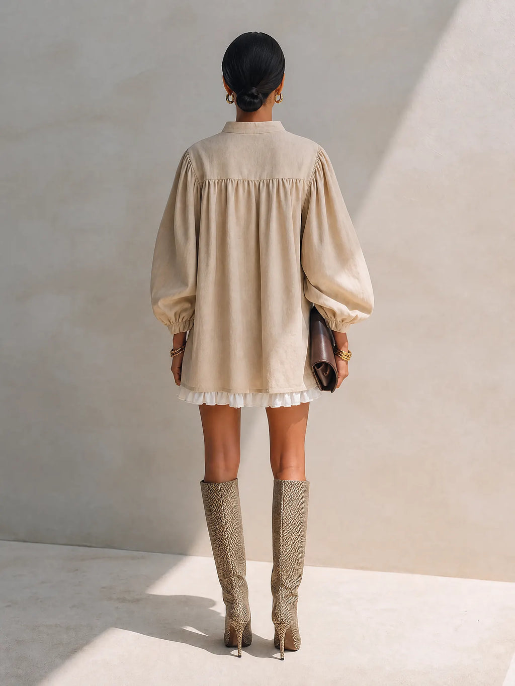 Women's Beige Cotton Blend Stand Collar Balloon Sleeve Mini Shirt Dress MDZ1784G0ZRK