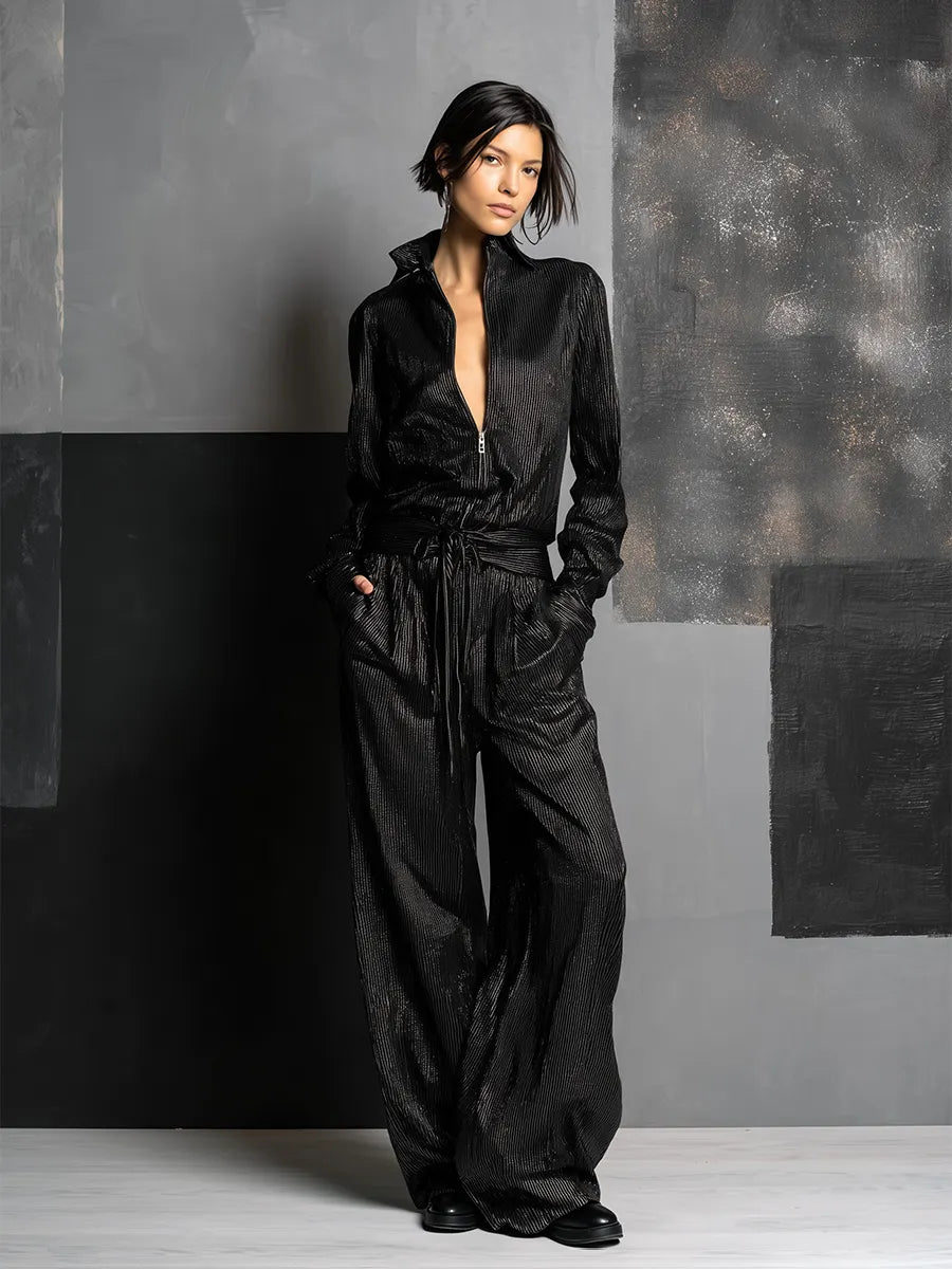 Women's All-Black Vertical Striped Lurex Jumpsuit With Collar Half Zip Front & Self Tie Wait Belt, Edgy Night Out Wide Leg Metallic Jumpsuit MDZ0124G2LYL