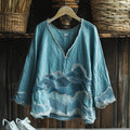 Vintage Waves Embroidery Japanese Art Linen Blend Cozy Tunic